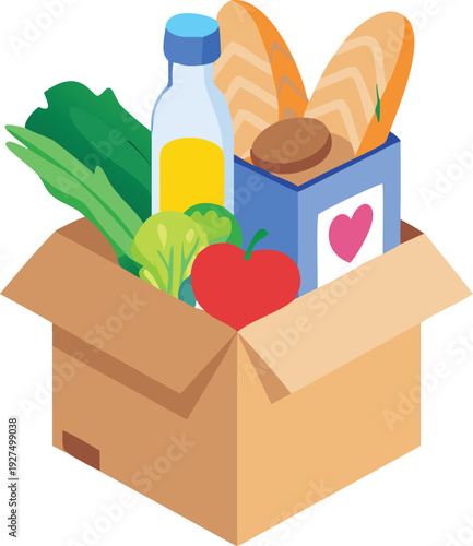 Food box with fresh produce bread and drinks isometric vector illustration