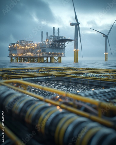 Wallpaper Mural Offshore platform operates with wind turbines at dusk in the ocean Torontodigital.ca