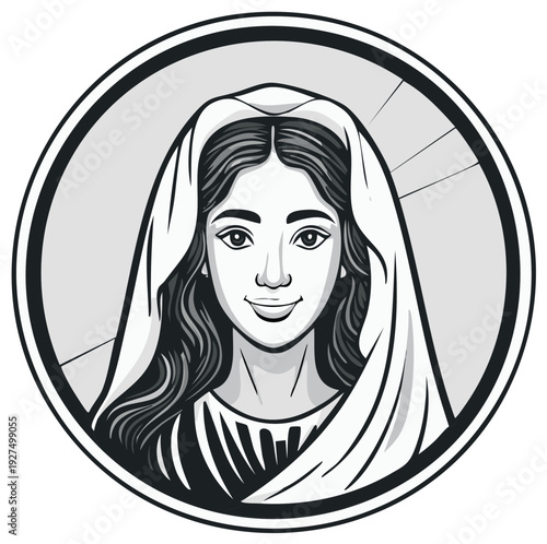 Black and White Stylized Portrait of a Woman Wearing a Headscarf and Traditional Garments