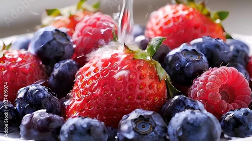 Fresh Strawberries and Blueberries Being Washed with Water in Bowl