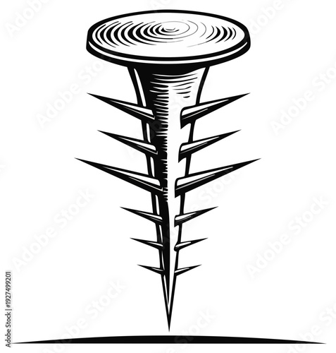 Engraved Nail with Spikes an intriguing concept art illustration of strength and protection with a vintage woodcut drawing style