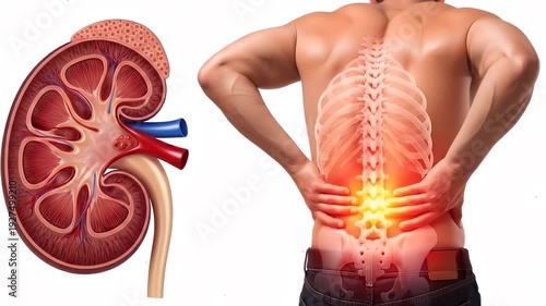 Human Anatomy Illustration of Kidney and Back Pain Relief Analysis
