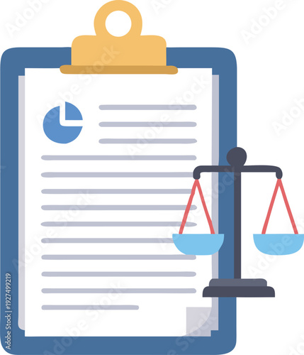Legal Document with Scales of Justice and Pie Chart on Clipboard Flat Design