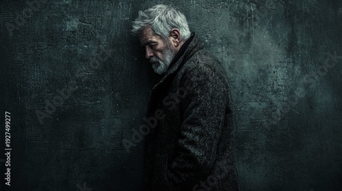 Wallpaper Mural Man stands against a dark wall with a solemn expression in a dimly lit space during evening hours Torontodigital.ca