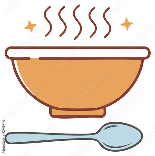 Cozy hot soup or stew in an orange bowl with rising steam and a blue spoon, inviting simple icon