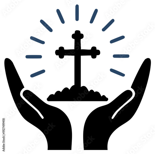 Hands holding a glowing Christian cross on a hill icon. Religious faith and salvation vector symbol.