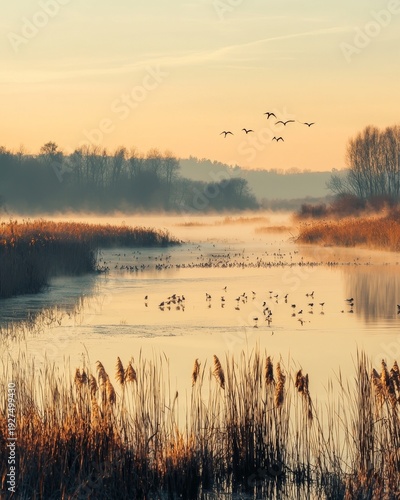 Wallpaper Mural Morning light shines on a quiet wetland with birds flying in the distance and the sun rising over the water Torontodigital.ca
