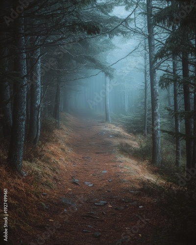 Wallpaper Mural Misty forest path follows gentle slope leading through trees at dawn near mountain range Torontodigital.ca