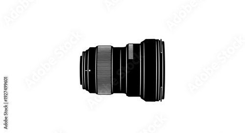 Black camera lens on white background photography equipment close up view professional gear