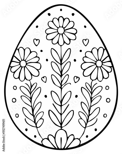 Traditional Folk Art Easter Egg Design with Floral Motifs and Decorative Patterns Black and White Outline Illustration