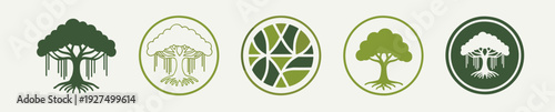 Set of five circular banyan tree vector logo templates in green colors. Abstract nature emblems and ecology badges for organic branding, wellness, and environmental conservation design.