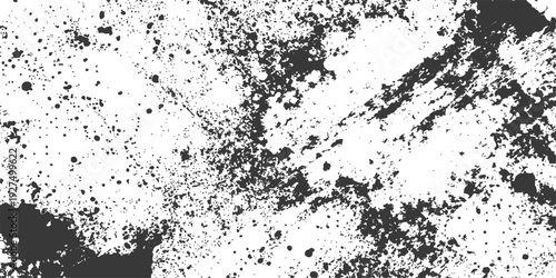 Abstract black and white grunge background featuring dark ink splatters and a dirty paint texture design with a distressed paper border and artistic spray stains