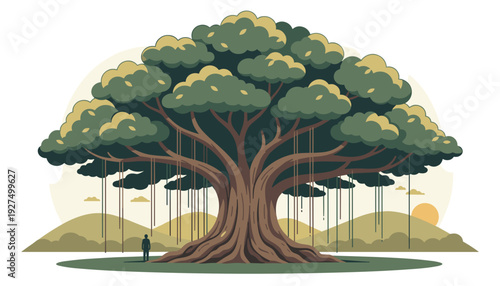 Majestic giant banyan tree vector illustration with sprawling roots and green canopy. Majestic flat nature landscape featuring a small human silhouette admiring the old tropical forest.