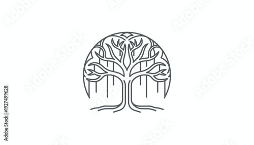 Circular banyan tree vector logo design with intricate line art. Abstract natural emblem featuring hanging roots and branches for wellness, ecology, and spiritual environment branding.