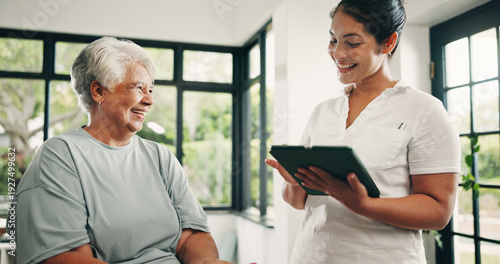 Tableau sur toile Tablet, physical therapist and old woman in consultation, medical results and laugh in clinic
