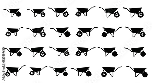 Multiple black wheelbarrow icons arranged in rows on white background for construction and gardening concepts