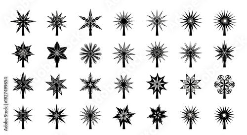 Set of 25 unique black starburst shapes and floral designs on white background for graphic design