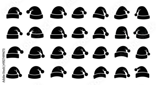 Collection of black santa hats in various positions on white background for christmas and holiday designs