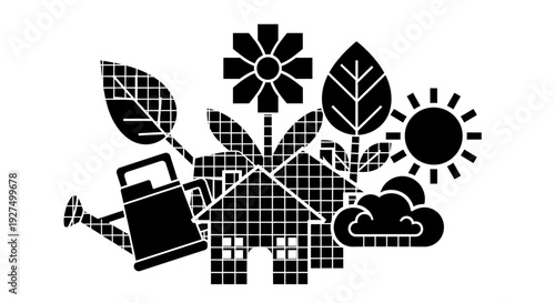 Eco friendly home with plants sun and cloud symbolizing sustainable living and gardening