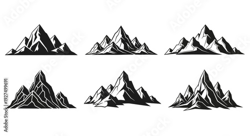 Set of six black and white mountain range illustrations with varying peaks and silhouettes on a plain background
