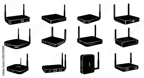 Various wireless routers and modems on a white background for technology and networking concepts