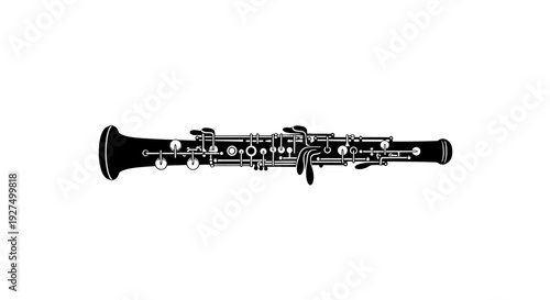 Black and white illustration of a double reed woodwind instrument with keys and finger holes on a plain background