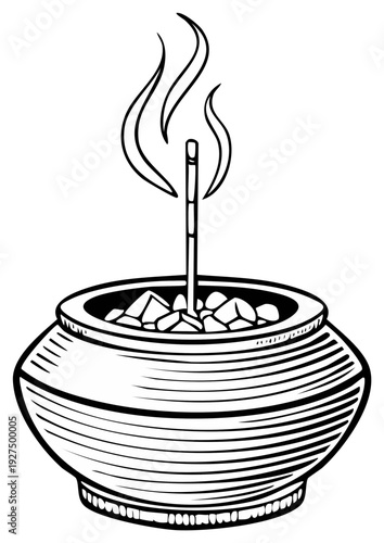 Incense Stick Burning with Flame in a Pot Line Art Illustration, Aromatherapy and Meditation Ritual