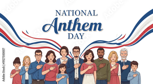 Diverse group of people standing with hands on hearts singing The Star Spangled Banner on National Anthem Day March 3.