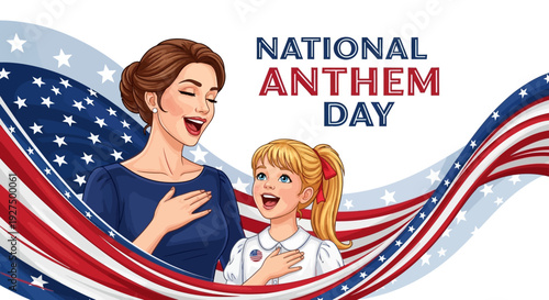 Woman and child singing The Star Spangled Banner on National Anthem Day with American flag background