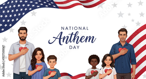 Diverse group of people standing with hands on hearts, celebrating National Anthem Day on March 3 with patriotic American flag background, symbolizing The Star Spangled Banner and American