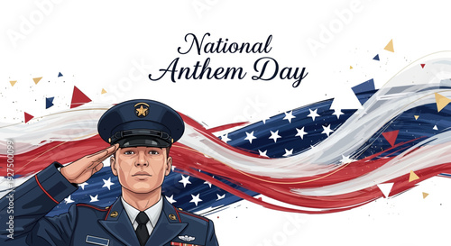 Military man saluting during National Anthem Day with American flag and confetti in the background.