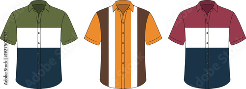 Men’s Color Block Shirt Vector Template  Short Sleeve Button-Up Flat CAD Illustration