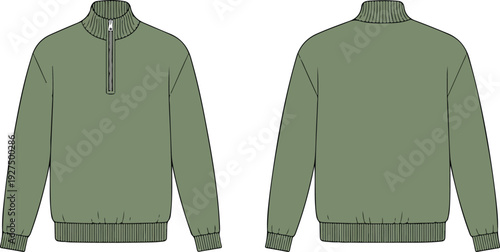 Men’s Pullover Sweater Vector  Quarter Zip Long Sleeve Flat CAD Fashion Illustration