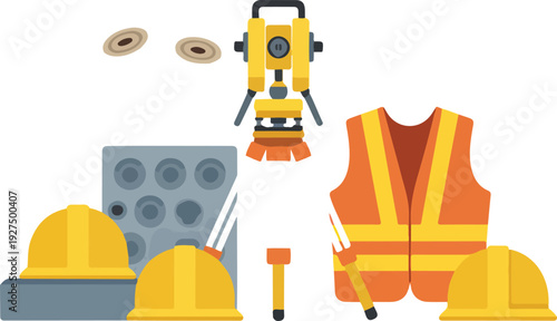 Construction & Safety Equipment Vector Set  Flat Illustration of Hard Hats, Tripod, Blueprints, and Vest