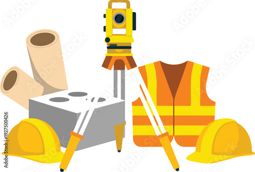 Construction & Safety Equipment Vector Set  Flat Illustration of Hard Hats, Tripod, Blueprints, and Vest