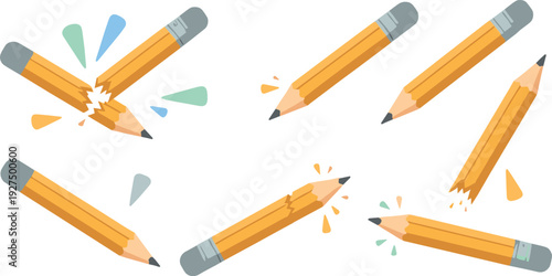 Broken pencil illustrations set showing mistakes, learning process, creativity challenges, and school stationery concepts illustrated in playful modern flat vector style