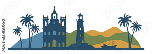 Goa skyline vector flat silhouette landscape illustration showcasing traditional church, coastal lighthouse, tropical palm trees, fishing boat and scenic mountains travel destination.