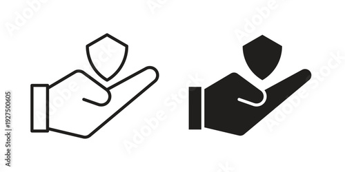 Hand holding shield icon in black solid style. linear symbol.