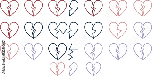 Broken heart outline icon collection with multiple styles and colors representing heartbreak, emotional pain, separation, and relationship loss illustrated in minimal flat vector design