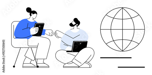 Two people communicate using a tablet and laptop, seated near a globe outline. Ideal for teamwork, digital communication, global connection, collaboration, technology, education, simple flat metaphor
