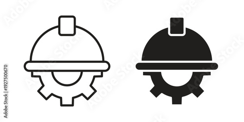Helmet and gear icon in black solid style. linear symbol.
