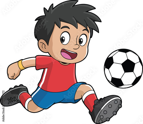 Cute Soccer Player Vector  Cartoon Boy Kicking Football Flat Illustration