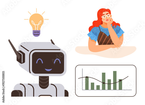 Artificial intelligence, data analytics, technology innovation, human creativity, problem solving, business insights. Robot with lightbulb, woman thinking data chart. AI and data analytics concepts