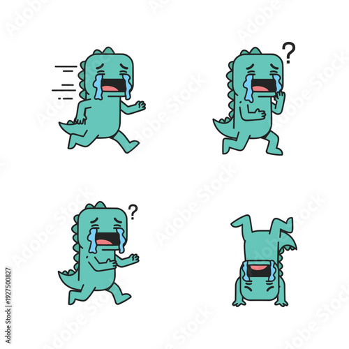 Confused cartoon dinosaur with mobile phone in various poses on white background