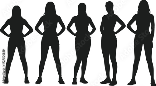 Black silhouette set of athletic women standing in fitness poses, female figures in leggings and tank tops, sporty girls, activewear