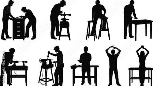 Black silhouette set of carpenters and craftsmen working in a workshop, men using lathes and tools, woodworkers building furniture, artisan