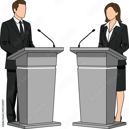 man and woman, giving a speech, standing at podium, public speaking event, political candidate debate, business conference presentation, professional vector 