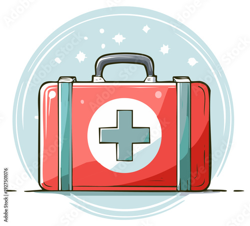 Cartoon illustration of a first aid kit, medical equipment, or emergency medical supplies