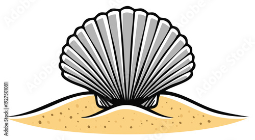 Stylized Scallop Shell on Sandy Shoreline Vector Art