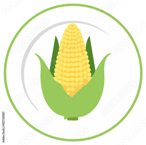 Flat design icon of a ripe corn on the cob with green husks, symbolizing harvest and healthy agriculture